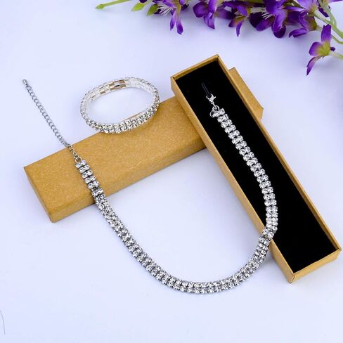 Zealmer 18K Gold Plated 1-6 Rows Rhinestone Choker Necklace & Bracelets Set Bridal Jewelry in Kuwait