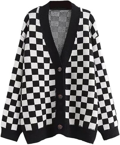 CORIRESHA Women's Fall Checkered Long Sleeve Cardigan Sweet Cute Cozy Knit Sweater Coat in Kuwait