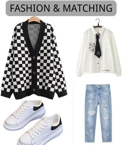 CORIRESHA Women's Fall Checkered Long Sleeve Cardigan Sweet Cute Cozy Knit Sweater Coat in Kuwait