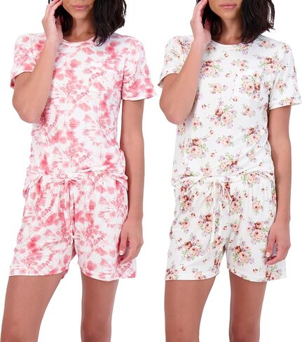 Real Essentials 4 Piece: Women’s Short Sleeve Top with Shorts Pajama Set – Ultra-Soft Lounge & Sleepwear (Available In Plus) in Saudi Arabia