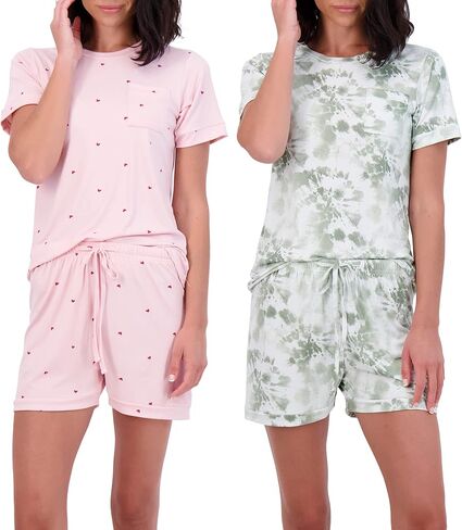 Real Essentials 4 Piece: Women’s Short Sleeve Top with Shorts Pajama Set – Ultra-Soft Lounge & Sleepwear (Available In Plus) in Saudi Arabia