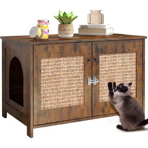 Rovibek Cat Litter Box Enclosure Furniture with 2 Cat Scratching Pads and Spacious Interior, Kitty Litter Cabinet with Movable Divider, Particleboard Cat Litter Box Side Table in Kuwait