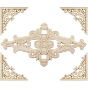 T Tulead Wood Appliques Decorative Wood Onlay Wooden Carved Appliques DIY Furniture Decals for Cabinet Wardrobe Bed 8.26"×5.9", 3.15"×3.15" (1PCS+4PCS, Style B)