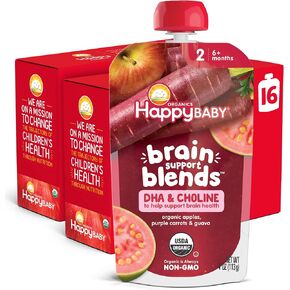 Happy Baby Organics دعم الدماغ يمزج الموز وفاكهة العاطفة والسبانخ والشوفان مع ثنائي هيدروكسي الأسيتون والكولين، كيس 4 أونصة (عبوة من 16 قطعة) in Kuwait