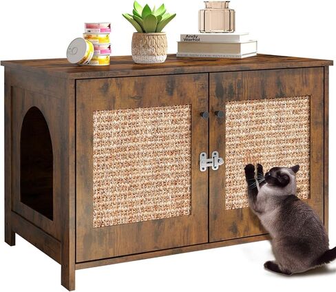 Rovibek Cat Litter Box Enclosure Furniture with 2 Cat Scratching Pads and Spacious Interior, Kitty Litter Cabinet with Movable Divider, Particleboard Cat Litter Box Side Table in Kuwait