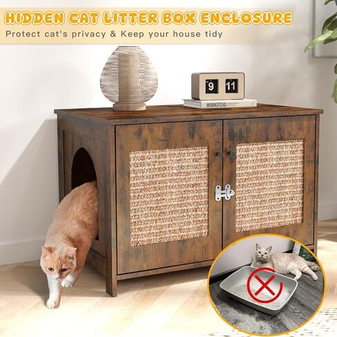 Rovibek Cat Litter Box Enclosure Furniture with 2 Cat Scratching Pads and Spacious Interior, Kitty Litter Cabinet with Movable Divider, Particleboard Cat Litter Box Side Table in Kuwait