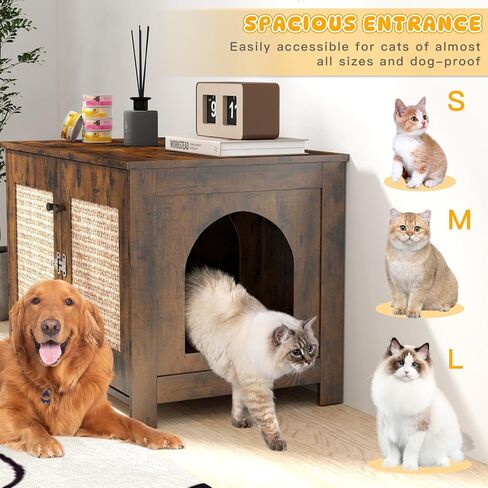 Rovibek Cat Litter Box Enclosure Furniture with 2 Cat Scratching Pads and Spacious Interior, Kitty Litter Cabinet with Movable Divider, Particleboard Cat Litter Box Side Table in Kuwait