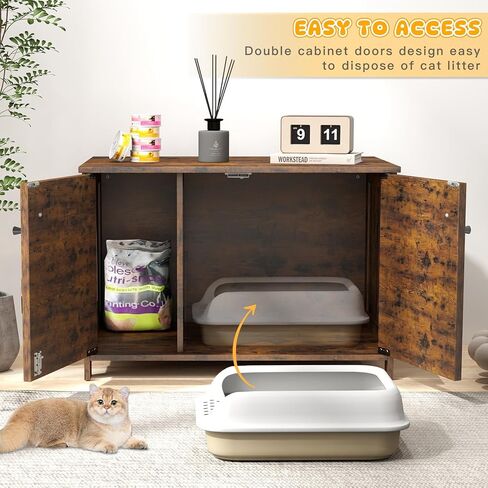 Rovibek Cat Litter Box Enclosure Furniture with 2 Cat Scratching Pads and Spacious Interior, Kitty Litter Cabinet with Movable Divider, Particleboard Cat Litter Box Side Table in Kuwait