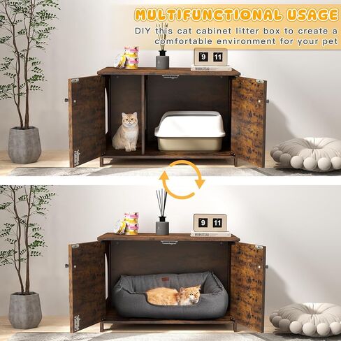 Rovibek Cat Litter Box Enclosure Furniture with 2 Cat Scratching Pads and Spacious Interior, Kitty Litter Cabinet with Movable Divider, Particleboard Cat Litter Box Side Table in Kuwait