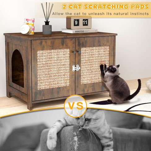 Rovibek Cat Litter Box Enclosure Furniture with 2 Cat Scratching Pads and Spacious Interior, Kitty Litter Cabinet with Movable Divider, Particleboard Cat Litter Box Side Table in Kuwait