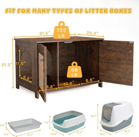 Rovibek Cat Litter Box Enclosure Furniture with 2 Cat Scratching Pads and Spacious Interior, Kitty Litter Cabinet with Movable Divider, Particleboard Cat Litter Box Side Table in Kuwait