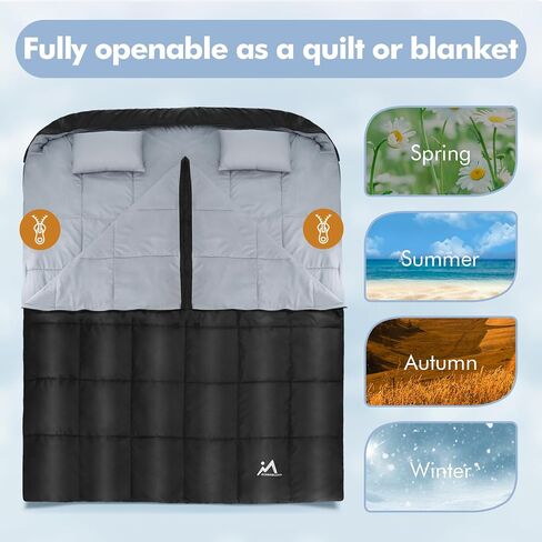 حقيبة نوم مزدوجة، مقاس XL كوين لشخصين، حقيبة نوم للبالغين مع وسادتين، فلانيل قطن مقاوم للماء لشخصين، أكياس نوم لجميع المواسم، الطقس البارد والدافئ، التخييم والمشي لمسافات طويلة على الظهر in Kuwait