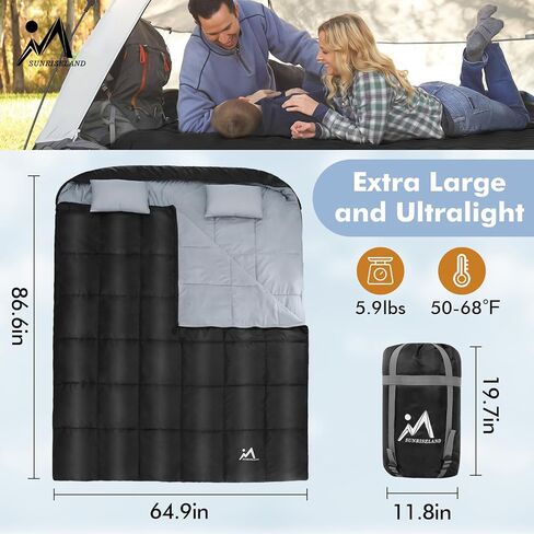 حقيبة نوم مزدوجة، مقاس XL كوين لشخصين، حقيبة نوم للبالغين مع وسادتين، فلانيل قطن مقاوم للماء لشخصين، أكياس نوم لجميع المواسم، الطقس البارد والدافئ، التخييم والمشي لمسافات طويلة على الظهر in Kuwait