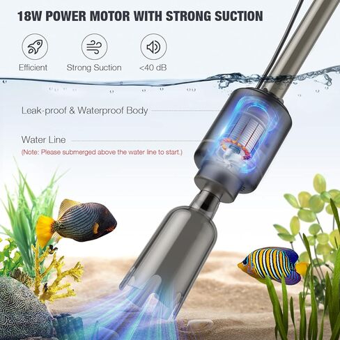 AKKEE Aquarium Vacuum Gravel Cleaning Cleaner, 6 in 1 Electric Vacuum Gravel Cleaner for Automatic Water Changer Wash Sand Water Filter Circulation 18W Aquarium Vacuum Cleaner IP68 Black in Kuwait