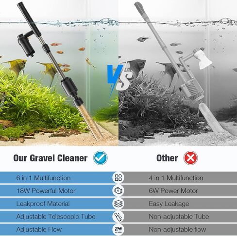 AKKEE Aquarium Vacuum Gravel Cleaning Cleaner, 6 in 1 Electric Vacuum Gravel Cleaner for Automatic Water Changer Wash Sand Water Filter Circulation 18W Aquarium Vacuum Cleaner IP68 Black in Kuwait