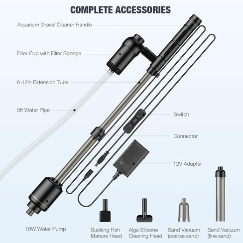 AKKEE Aquarium Vacuum Gravel Cleaning Cleaner, 6 in 1 Electric Vacuum Gravel Cleaner for Automatic Water Changer Wash Sand Water Filter Circulation 18W Aquarium Vacuum Cleaner IP68 Black in Kuwait