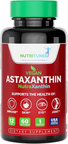 Nutritunes Astaxanthin 12mg Vegan Softgels (60 Count) Powerful Antioxidant, Supports Immune, Skin, Eye, & Joint Health - Gluten Free, Non-GMO (60 Day Supply) in Saudi Arabia