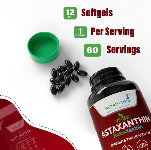 Nutritunes Astaxanthin 12mg Vegan Softgels (60 Count) Powerful Antioxidant, Supports Immune, Skin, Eye, & Joint Health - Gluten Free, Non-GMO (60 Day Supply) in Saudi Arabia