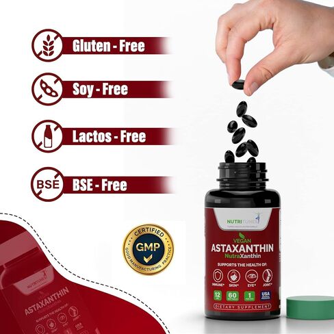 Nutritunes Astaxanthin 12mg Vegan Softgels (60 Count) Powerful Antioxidant, Supports Immune, Skin, Eye, & Joint Health - Gluten Free, Non-GMO (60 Day Supply) in Saudi Arabia