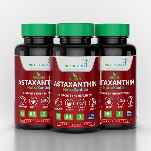 Nutritunes Astaxanthin 12mg Vegan Softgels (60 Count) Powerful Antioxidant, Supports Immune, Skin, Eye, & Joint Health - Gluten Free, Non-GMO (60 Day Supply) in Saudi Arabia