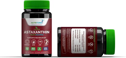 Nutritunes Astaxanthin 12mg Vegan Softgels (60 Count) Powerful Antioxidant, Supports Immune, Skin, Eye, & Joint Health - Gluten Free, Non-GMO (60 Day Supply) in Saudi Arabia