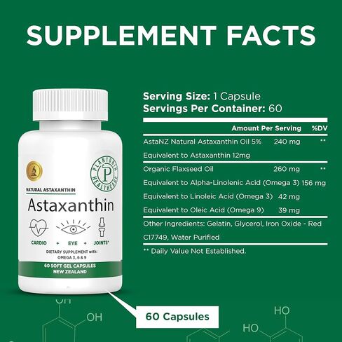 Plantonin AstaNZ Plus, New Zealand Natural Premium Astaxanthin 12mg, 60 Count - Natural Antioxidant - Supports Recovery from Exercise + Joint, Skin, Eye Health in Kuwait