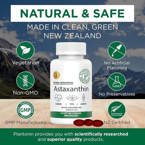 Plantonin AstaNZ Plus, New Zealand Natural Premium Astaxanthin 12mg, 60 Count - Natural Antioxidant - Supports Recovery from Exercise + Joint, Skin, Eye Health in Kuwait