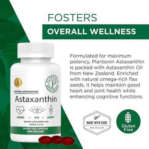 Plantonin AstaNZ Plus, New Zealand Natural Premium Astaxanthin 12mg, 60 Count - Natural Antioxidant - Supports Recovery from Exercise + Joint, Skin, Eye Health in Kuwait