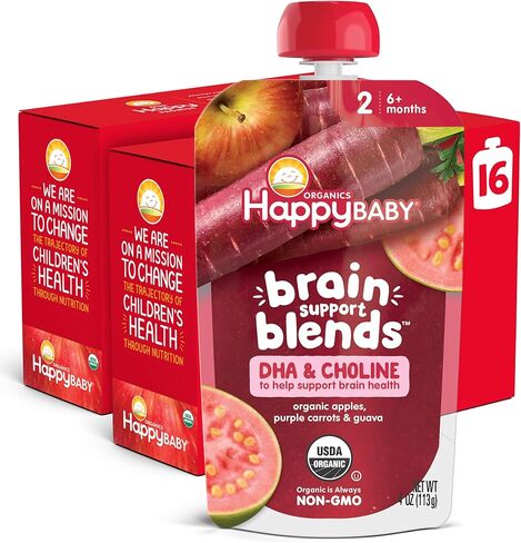 Happy Baby Organics دعم الدماغ يمزج الموز وفاكهة العاطفة والسبانخ والشوفان مع ثنائي هيدروكسي الأسيتون والكولين، كيس 4 أونصة (عبوة من 16 قطعة) in Kuwait