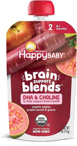 Happy Baby Organics دعم الدماغ يمزج الموز وفاكهة العاطفة والسبانخ والشوفان مع ثنائي هيدروكسي الأسيتون والكولين، كيس 4 أونصة (عبوة من 16 قطعة) in Kuwait