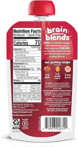 Happy Baby Organics دعم الدماغ يمزج الموز وفاكهة العاطفة والسبانخ والشوفان مع ثنائي هيدروكسي الأسيتون والكولين، كيس 4 أونصة (عبوة من 16 قطعة) in Kuwait