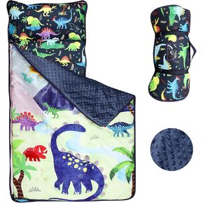 Nap Mat for Toddler Boys, Kids Sleeping Bag with Removable Pillows and Minky Thicken Blanket, Baby Slumber Bags for Preschool, Kindergarten, Sleepovers Travel and Camping, Dinosaur 23x55inches
