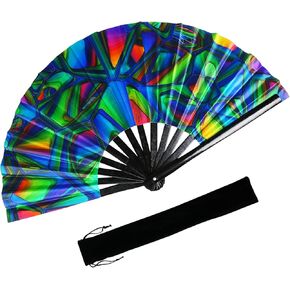 TAYUQEE Large Bamboo Rave Hand Fan for Women/Men Big Folding Decorative Fan with Velvet Bag, Colorful UV Glow Clack Fan for EDM, Music Festival - 13 Inch