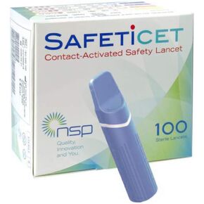 Contact-Activated Safety Lancet Blue 100 Units. Needle Size 21G. Penetration Depth 2.50 mm. Volume: High