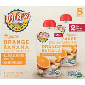 Earth's Best Organic Baby Food Pouches, Stage 2 Fruit Puree for Babies 6 Months and Older, Organic Orange and Banana Puree, 4 oz Resealable Pouch (Pack of 8) in Kuwait