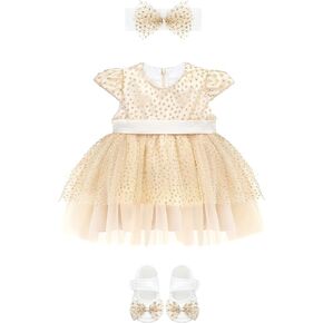 Lilax Baby Girls Glitter Tulle Dress, Sparkle Polka Dots Princess Gown with Matching Headband and Shoes in Kuwait