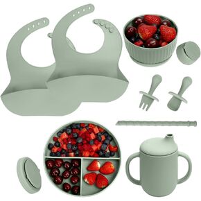 لوازم فطام الطفل - مجموعة تغذية الطفل من السيليكون - وعاء شفط مقسم وكوب سيبي من القش - مجموعة أطباق أواني تناول الطعام ذاتية التغذية للأطفال مع مرايل وشوكة - 6 أشهر in Kuwait