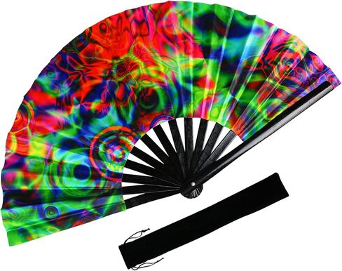 TAYUQEE Large Bamboo Rave Hand Fan for Women/Men Big Folding Decorative Fan with Velvet Bag, Colorful UV Glow Clack Fan for EDM, Music Festival - 13 Inch in Kuwait