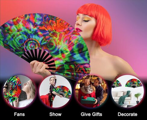 TAYUQEE Large Bamboo Rave Hand Fan for Women/Men Big Folding Decorative Fan with Velvet Bag, Colorful UV Glow Clack Fan for EDM, Music Festival - 13 Inch in Kuwait