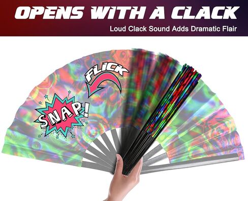 TAYUQEE Large Bamboo Rave Hand Fan for Women/Men Big Folding Decorative Fan with Velvet Bag, Colorful UV Glow Clack Fan for EDM, Music Festival - 13 Inch in Kuwait