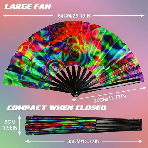 TAYUQEE Large Bamboo Rave Hand Fan for Women/Men Big Folding Decorative Fan with Velvet Bag, Colorful UV Glow Clack Fan for EDM, Music Festival - 13 Inch in Kuwait