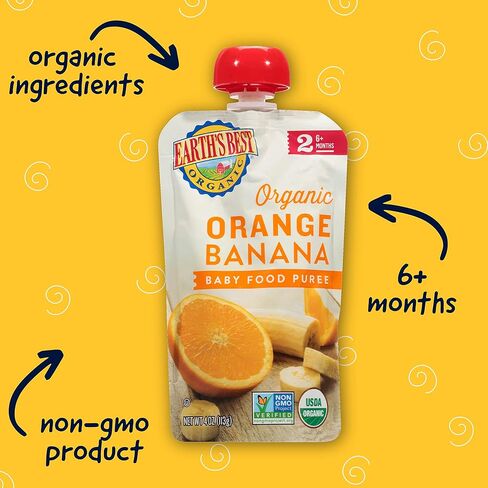 أكياس أغذية الأطفال العضوية من Earth's Best، هريس الفاكهة للمرحلة الثانية للأطفال بعمر 6 أشهر فما فوق، هريس البرتقال والموز العضوي، كيس قابل للإغلاق سعة 118 مل (عبوة من 8 قطع) in Kuwait
