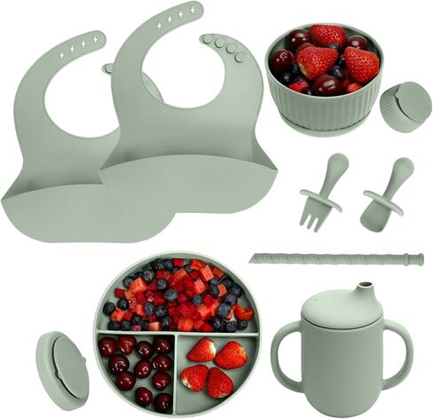لوازم فطام الطفل - مجموعة تغذية الطفل من السيليكون - وعاء شفط مقسم وكوب سيبي من القش - مجموعة أطباق أواني تناول الطعام ذاتية التغذية للأطفال مع مرايل وشوكة - 6 أشهر in Kuwait