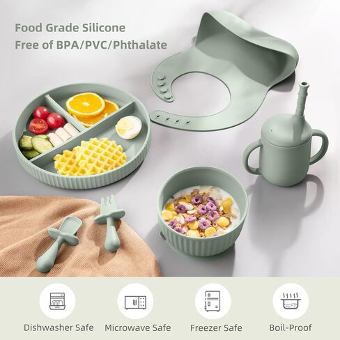 لوازم فطام الطفل - مجموعة تغذية الطفل من السيليكون - وعاء شفط مقسم وكوب سيبي من القش - مجموعة أطباق أواني تناول الطعام ذاتية التغذية للأطفال مع مرايل وشوكة - 6 أشهر in Kuwait