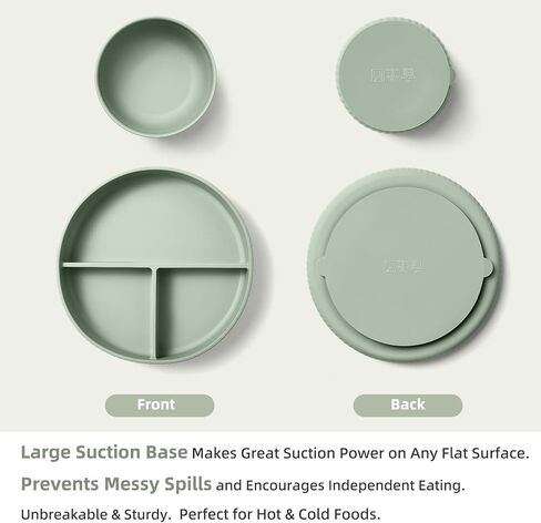 لوازم فطام الطفل - مجموعة تغذية الطفل من السيليكون - وعاء شفط مقسم وكوب سيبي من القش - مجموعة أطباق أواني تناول الطعام ذاتية التغذية للأطفال مع مرايل وشوكة - 6 أشهر in Kuwait