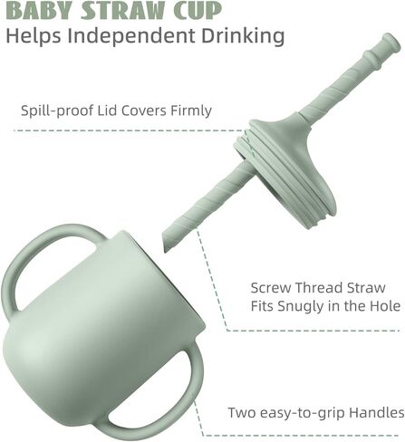 لوازم فطام الطفل - مجموعة تغذية الطفل من السيليكون - وعاء شفط مقسم وكوب سيبي من القش - مجموعة أطباق أواني تناول الطعام ذاتية التغذية للأطفال مع مرايل وشوكة - 6 أشهر in Kuwait