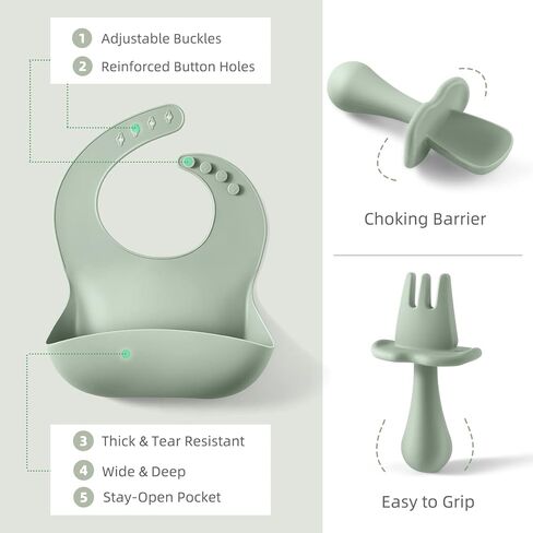 لوازم فطام الطفل - مجموعة تغذية الطفل من السيليكون - وعاء شفط مقسم وكوب سيبي من القش - مجموعة أطباق أواني تناول الطعام ذاتية التغذية للأطفال مع مرايل وشوكة - 6 أشهر in Kuwait