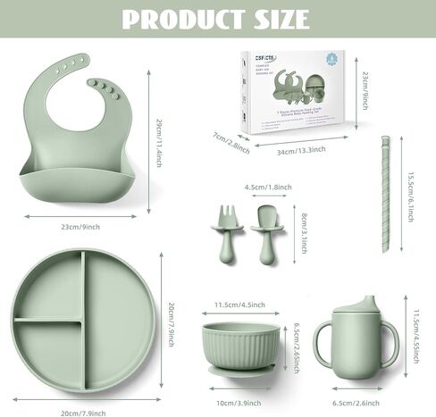 لوازم فطام الطفل - مجموعة تغذية الطفل من السيليكون - وعاء شفط مقسم وكوب سيبي من القش - مجموعة أطباق أواني تناول الطعام ذاتية التغذية للأطفال مع مرايل وشوكة - 6 أشهر in Kuwait