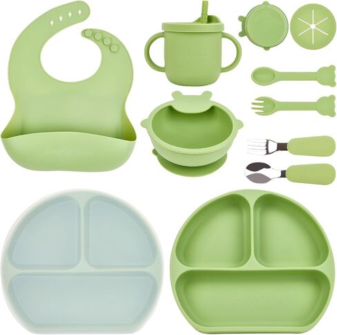 BABYKIDSMAMA Baby Led Weaning Supplies – 10-Pcs Silicone Baby Feeding Set – Self-Feeding Supplies Set with Suction Bowl and Plate, Spoon, Fork, Sippy Cup, Bib – BPA-Free Toddler Plates and Bowls Set in Saudi Arabia