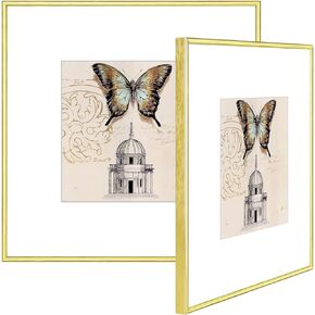Fkvat 8.5x11 Picture Frame Brass Brushed Thin Metal Set of 2 with Certificate Document Frame for Wall and Tabletop Aluminum Photo Frames Display 8.5 x 11 without Mat or 5x7 with Mat (2 pack)